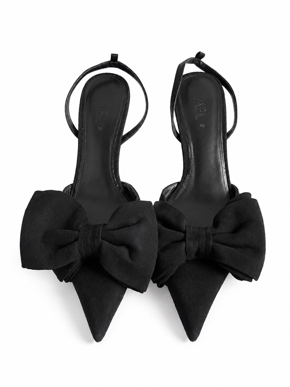 Zara Black Suede-Style Slingback Pumps with Bow Detail - Size 39
